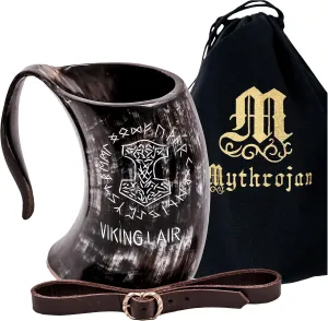 Mythorjan Viking Drinking Horn Mug 100% Natural Ox Horn Tankard Cup with Leather Holster & Canvas Bag Cool Unique Gifts for Men Medieval Home Decor Renaissance Accessories - 20 Oz / 600 ML