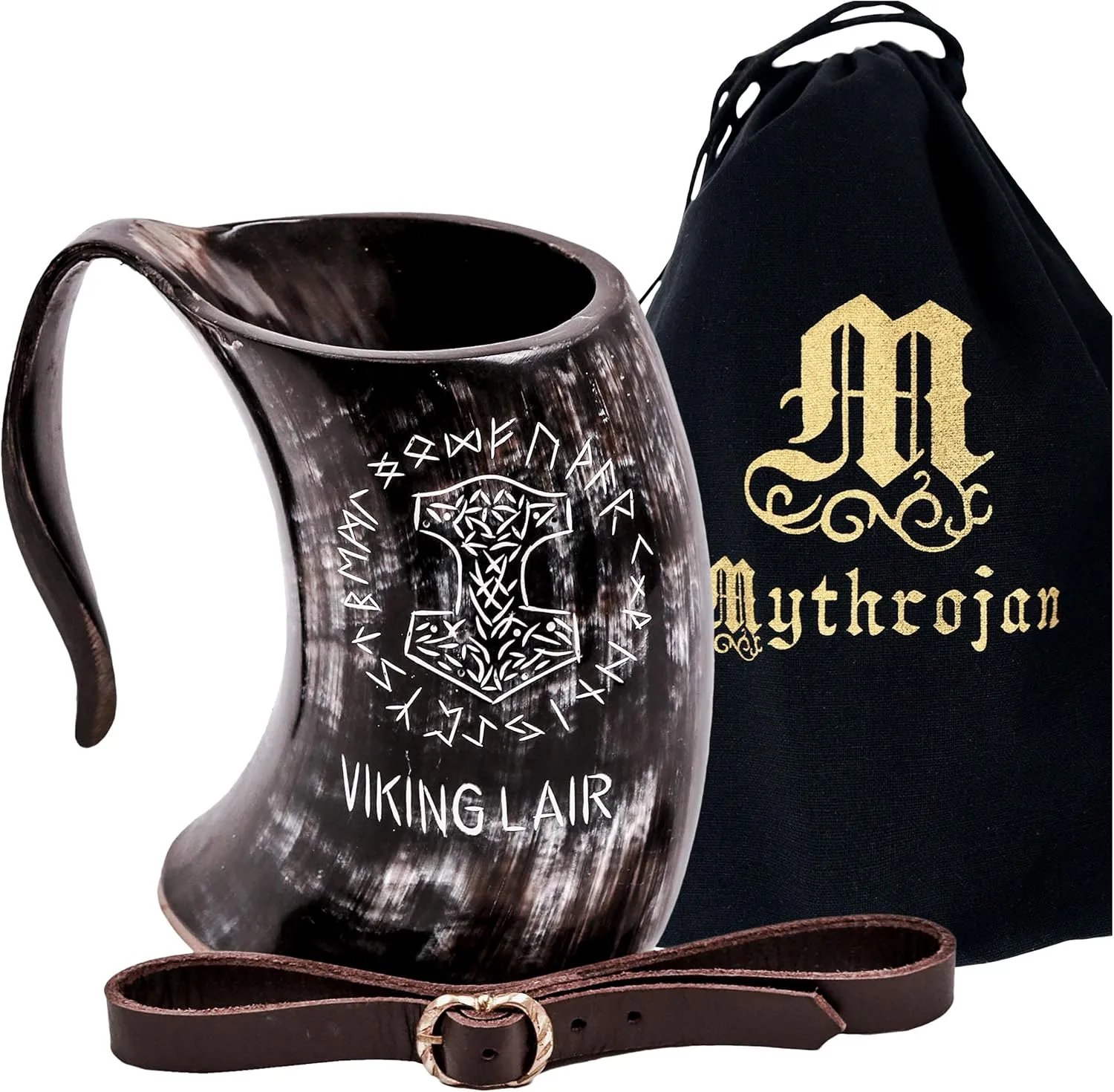 Mythorjan Viking Drinking Horn Mug 100% Natural Ox Horn Tankard Cup with Leather Holster & Canvas Bag Cool Unique Gifts for Men Medieval Home Decor Renaissance Accessories - 20 Oz / 600 ML