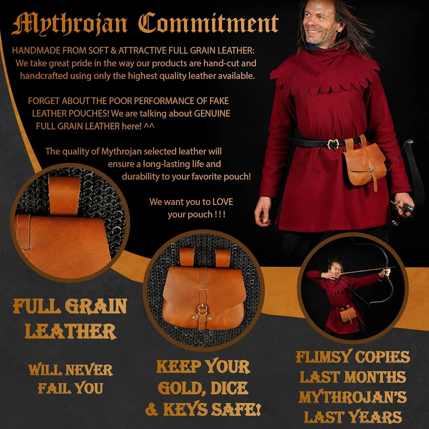 Mythrojan Late Medieval Belt Bag, Ideal for SCA Renaissance LARP Reenactment & Ren Fair