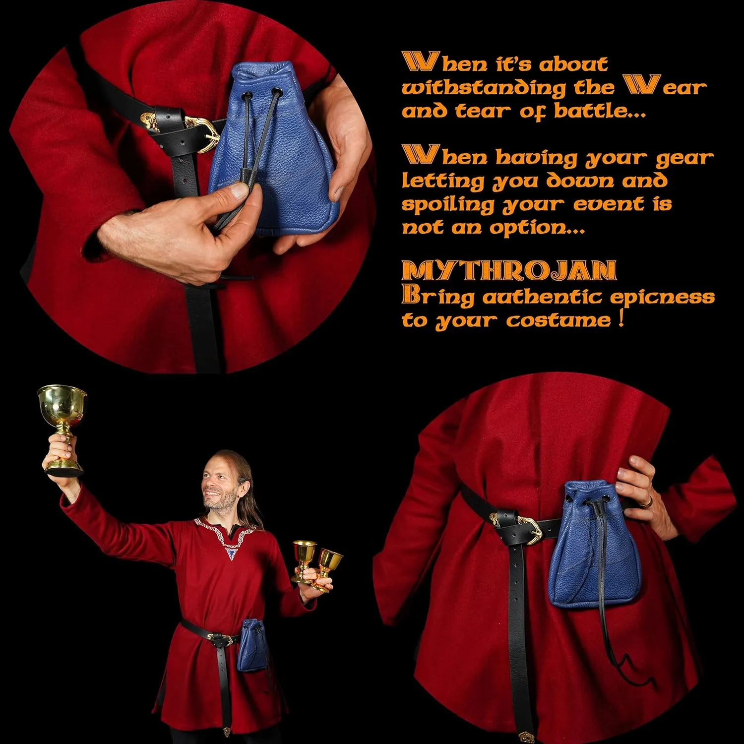 Mythrojan Medieval Drawstring Bag, Ideal for SCA LARP Reenactment & Ren fair-Full Grain Leather