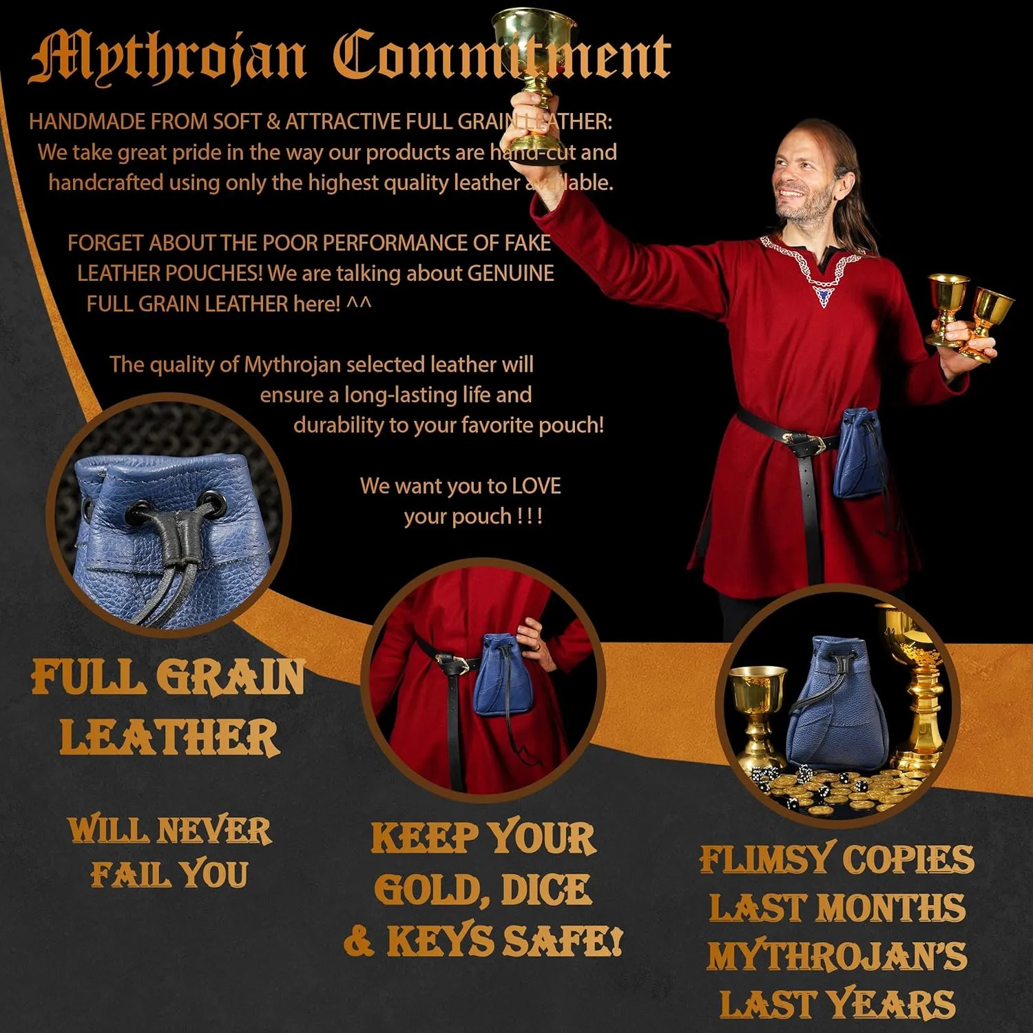 Mythrojan Medieval Drawstring Bag, Ideal for SCA LARP Reenactment & Ren fair-Full Grain Leather