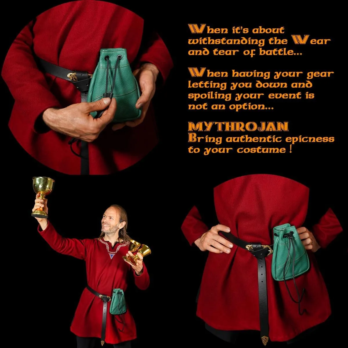 Mythrojan Medieval Drawstring Bag, Ideal for SCA LARP Reenactment & Ren fair-Full Grain Leather