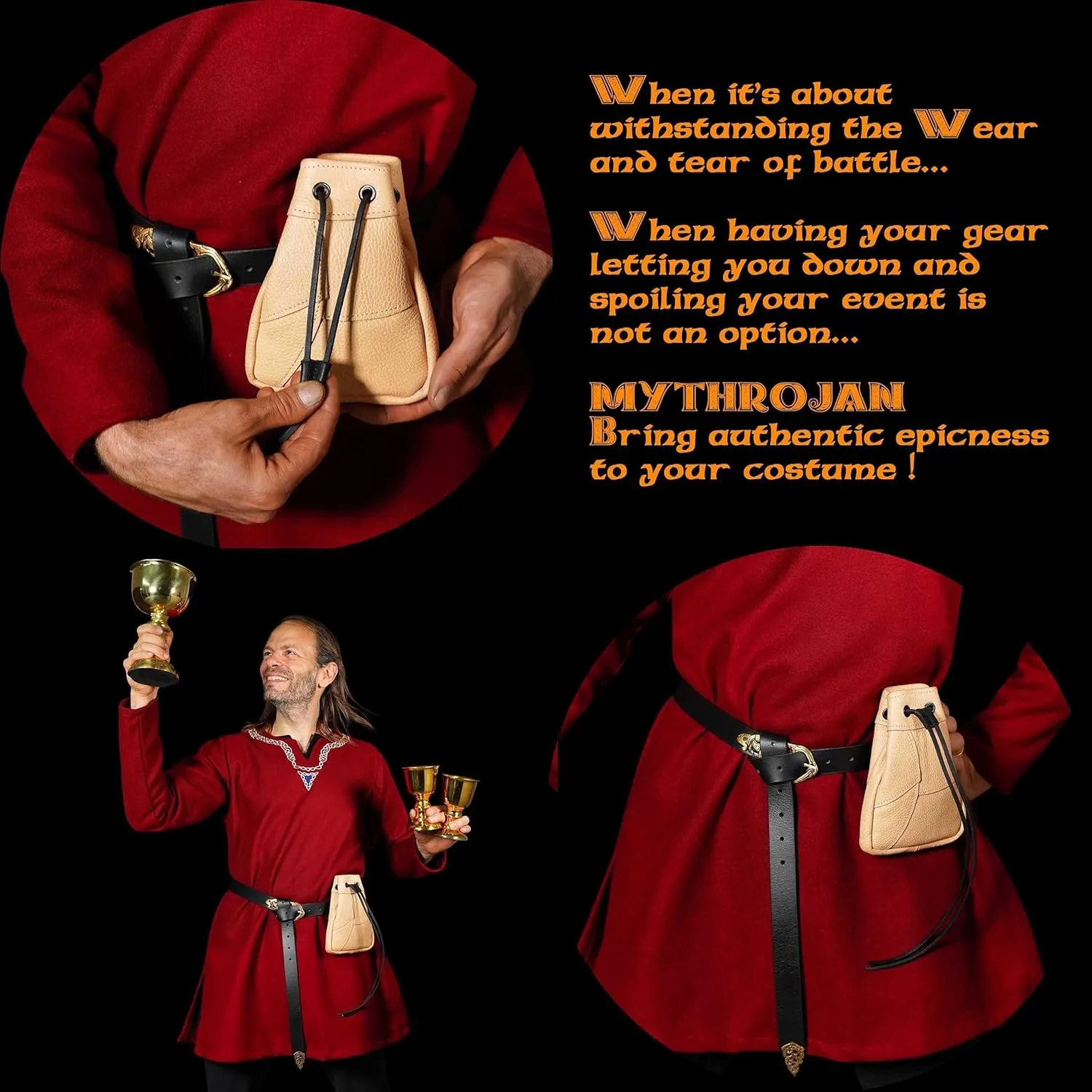 Mythrojan Medieval Drawstring Bag, Ideal for SCA LARP Reenactment & Ren fair-Full Grain Leather