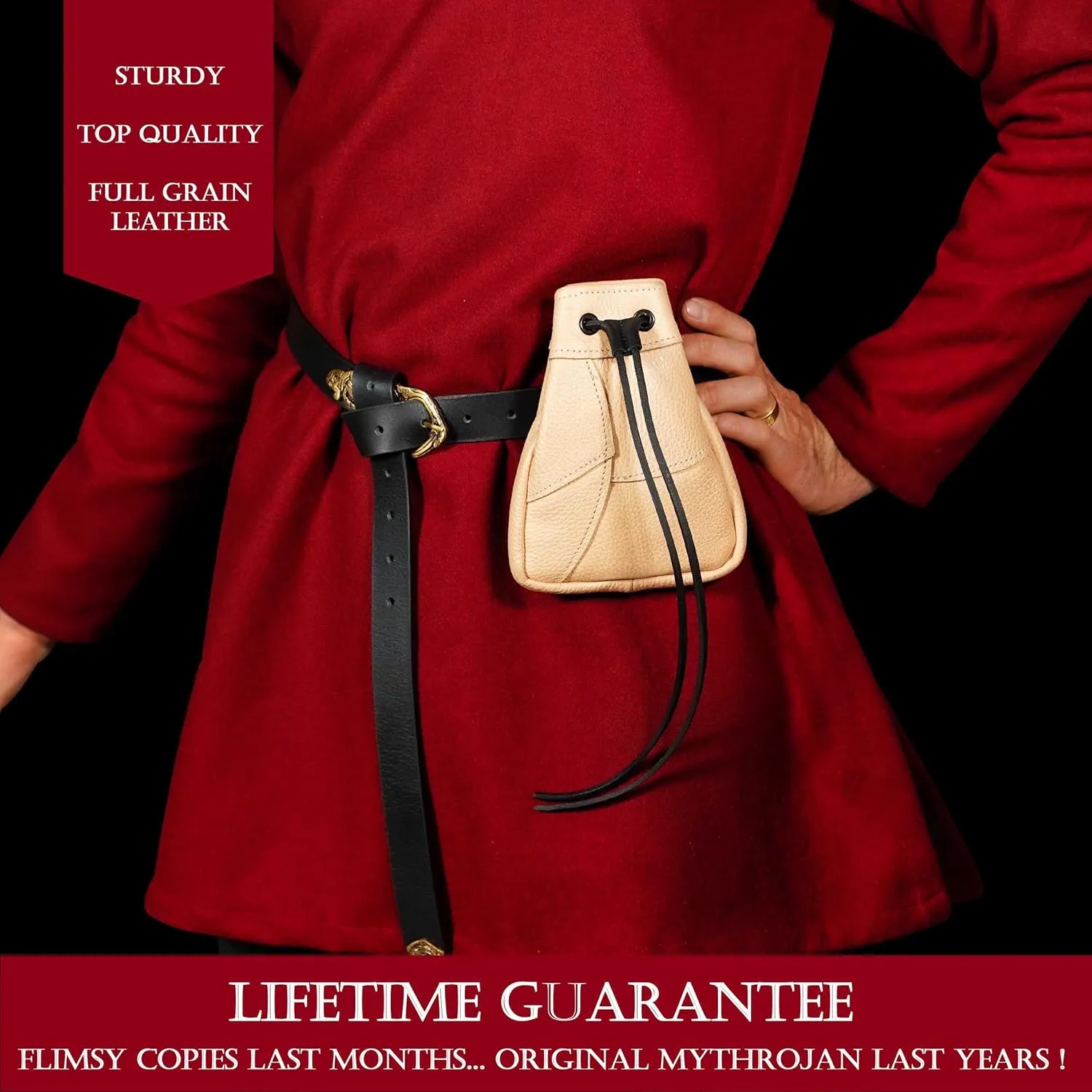 Mythrojan Medieval Drawstring Bag, Ideal for SCA LARP Reenactment & Ren fair-Full Grain Leather