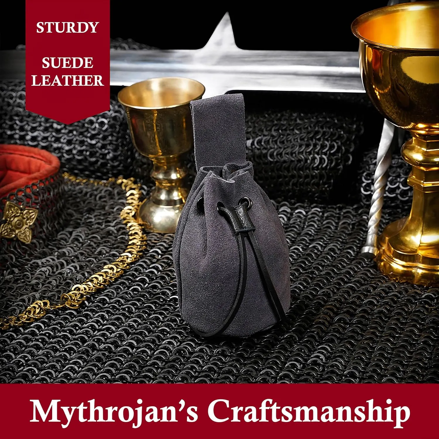 Mythrojan Medieval Drawstring Belt Bag, Ideal for SCA LARP Reenactment & Ren Fair