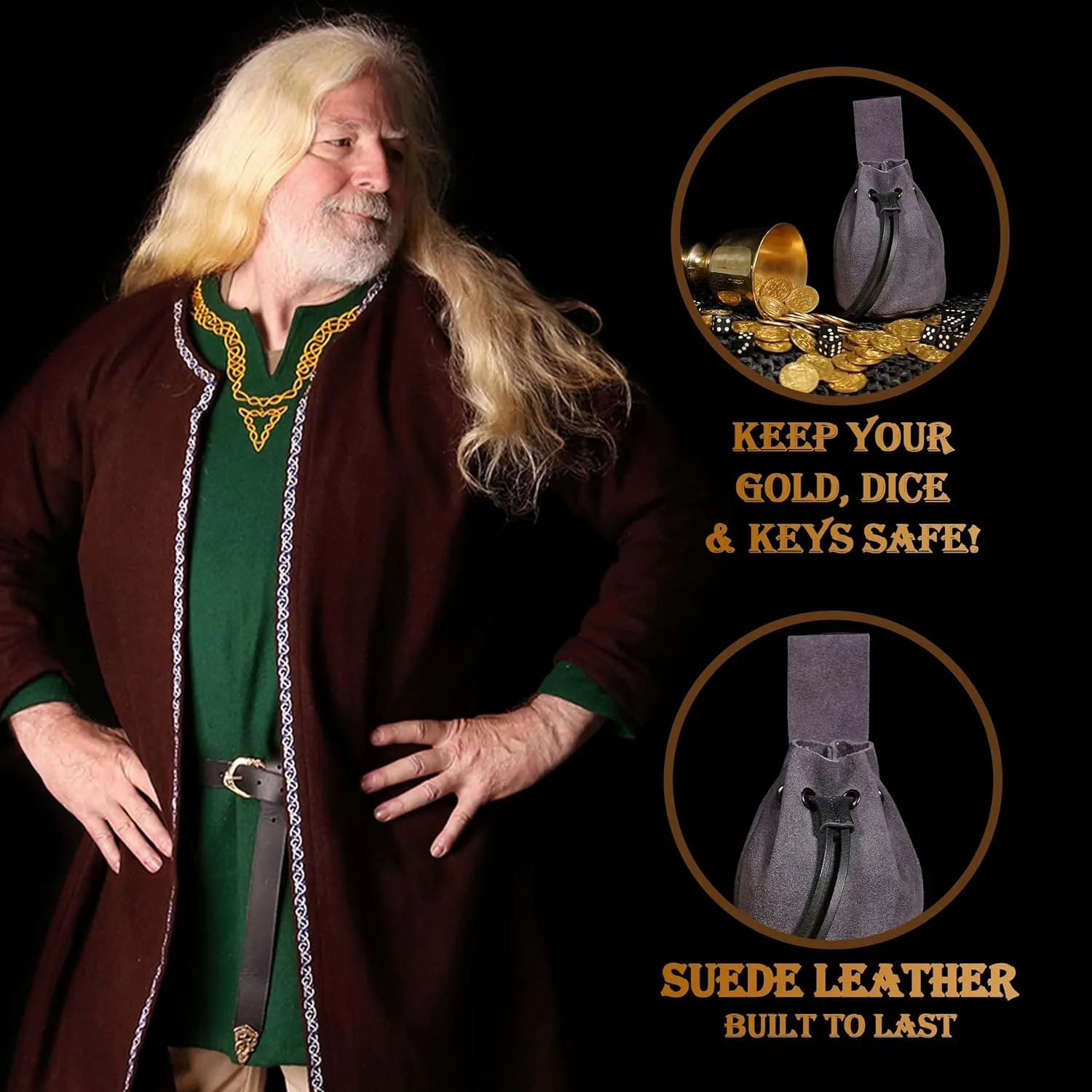 Mythrojan Medieval Drawstring Belt Bag, Ideal for SCA LARP Reenactment & Ren Fair