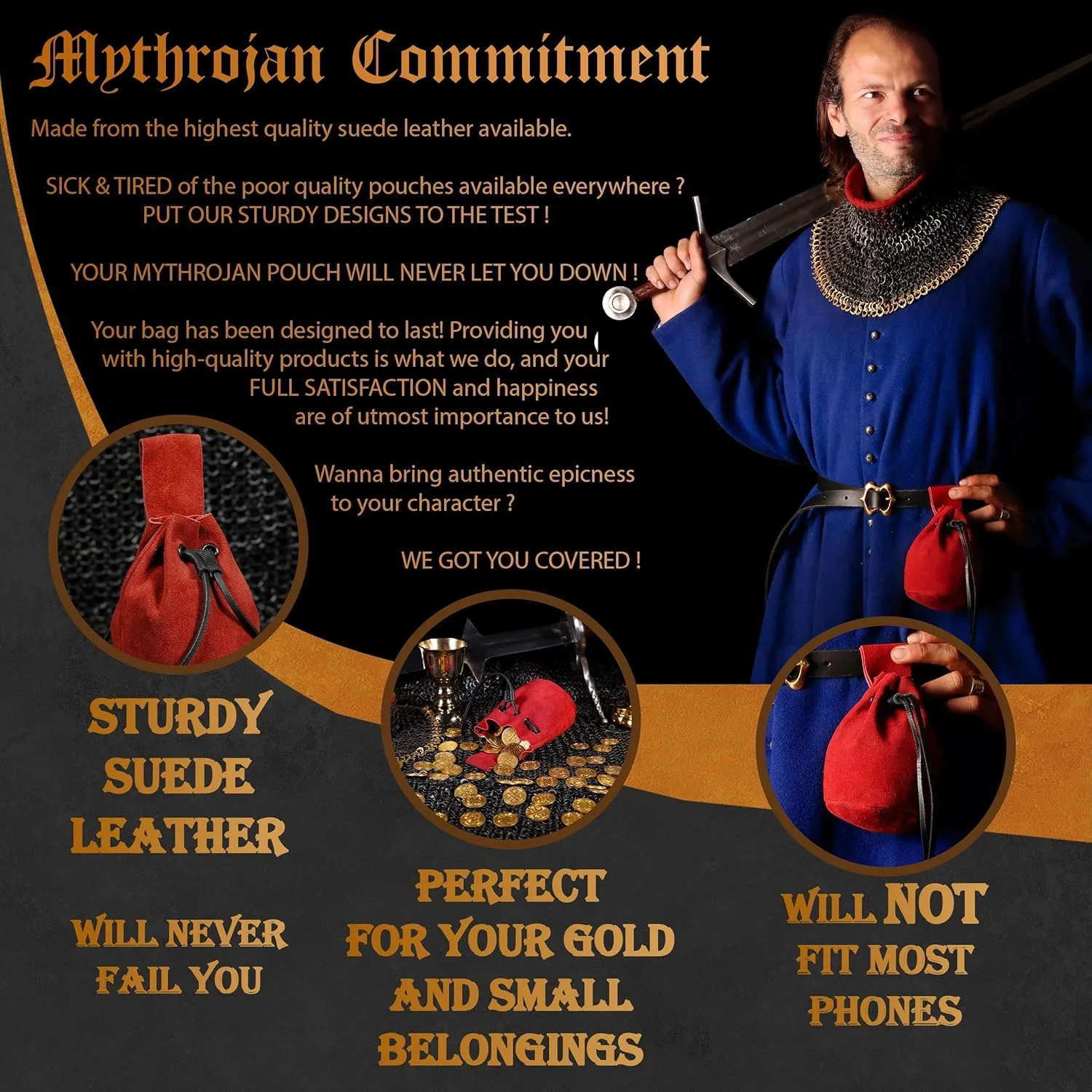 Mythrojan Medieval Drawstring Belt Bag, Ideal for SCA LARP Reenactment & Ren Fair