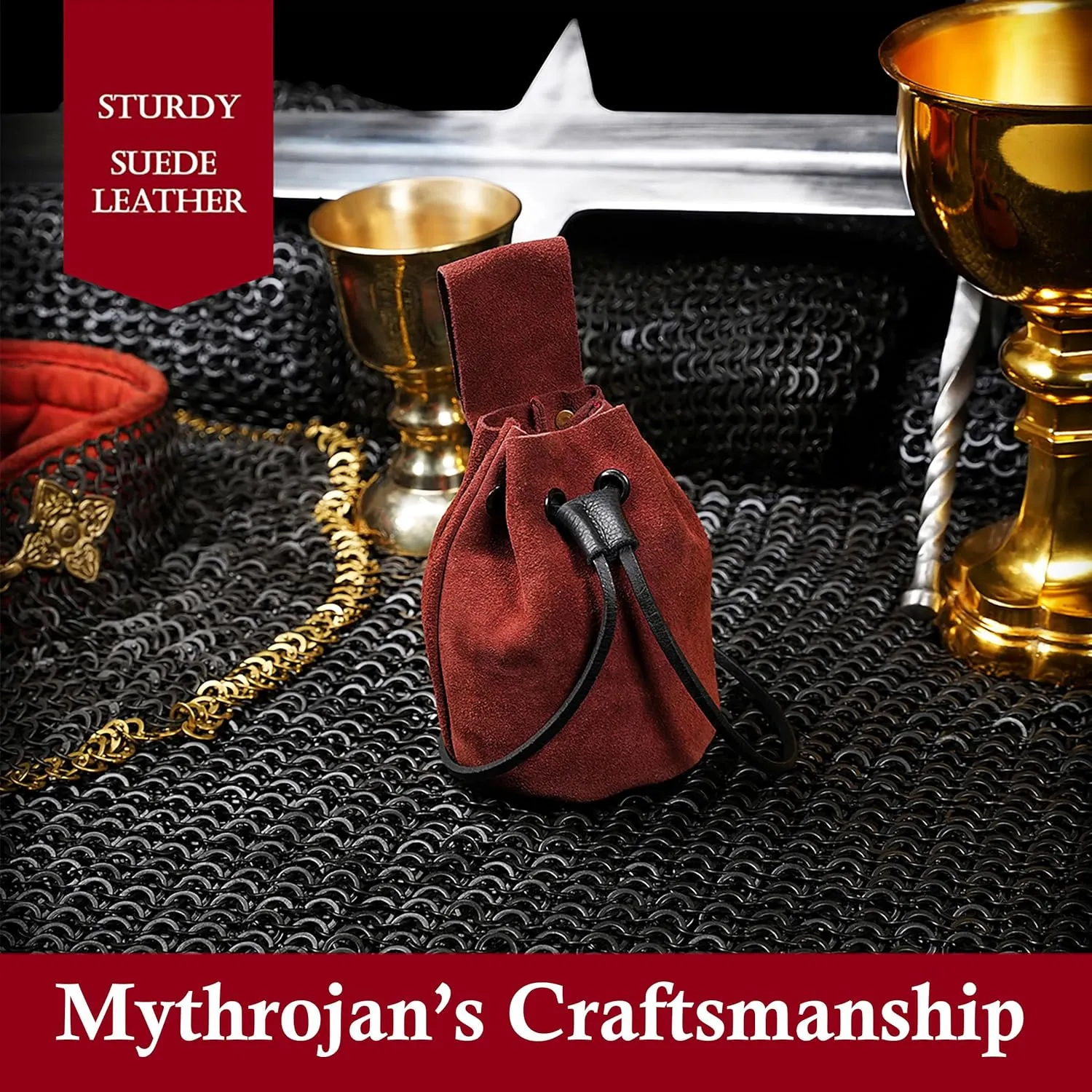Mythrojan Medieval Drawstring Belt Bag, Ideal for SCA LARP Reenactment & Ren Fair