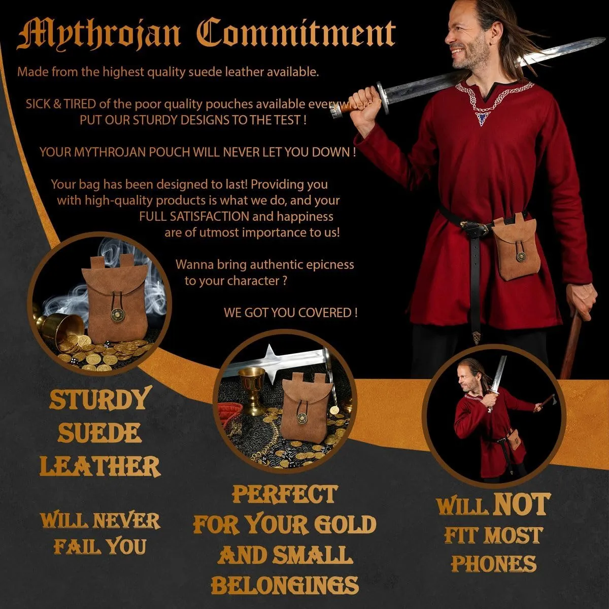 Mythrojan Medieval Renaissance Suede Jewelry Belt Pouch LARP Costume Waist Bag - Brown
