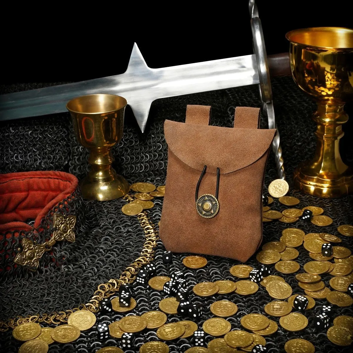 Mythrojan Medieval Renaissance Suede Jewelry Belt Pouch LARP Costume Waist Bag - Brown