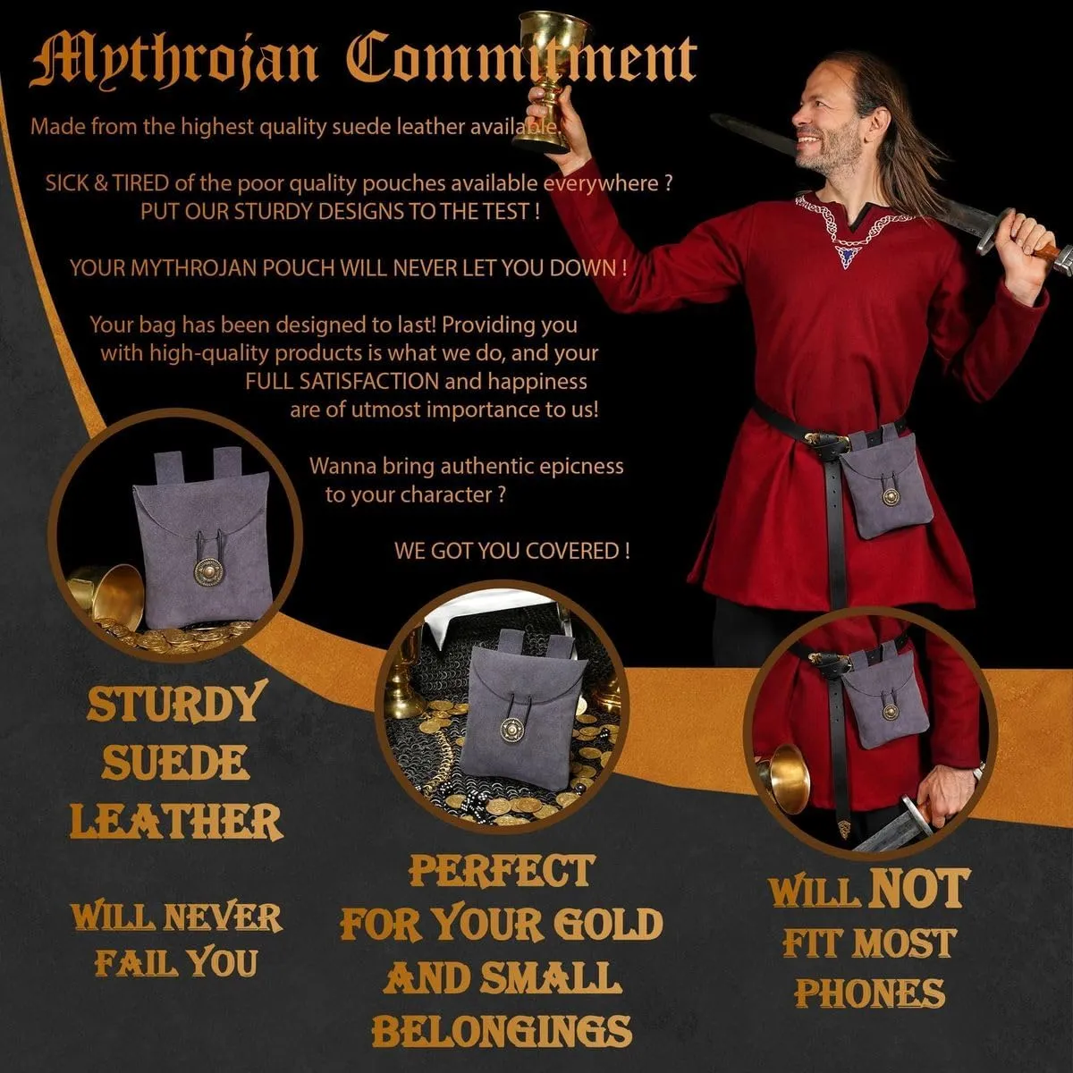 Mythrojan Medieval Renaissance Suede Jewelry Belt Pouch LARP Costume Waist Bag – Dark Blue