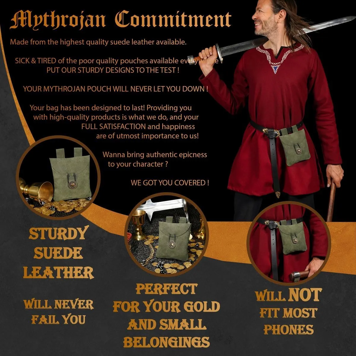 Mythrojan Medieval Renaissance Suede Jewelry Belt Pouch LARP Costume Waist Bag - Dark Green
