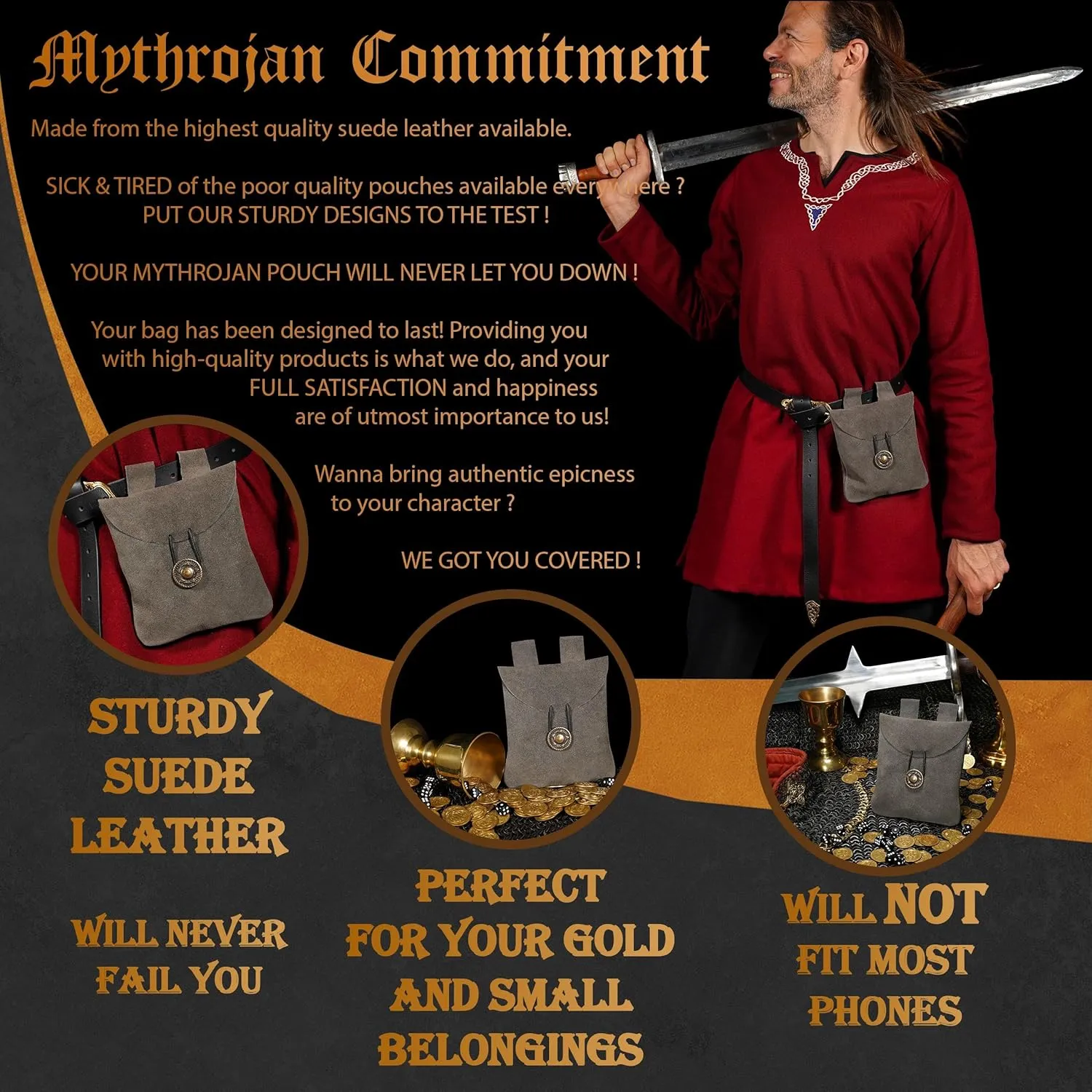 Mythrojan Medieval Renaissance Suede Jewelry Belt Pouch LARP Costume Waist Bag - Grey