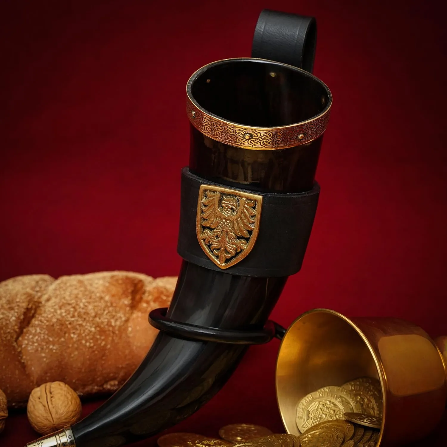 Mythrojan THE TOURNAMENT CHAMPION - Viking Drinking Horn with Black Leather holder Authentic Medieval Inspired Viking Wine/Mead Mug – Polished Finish