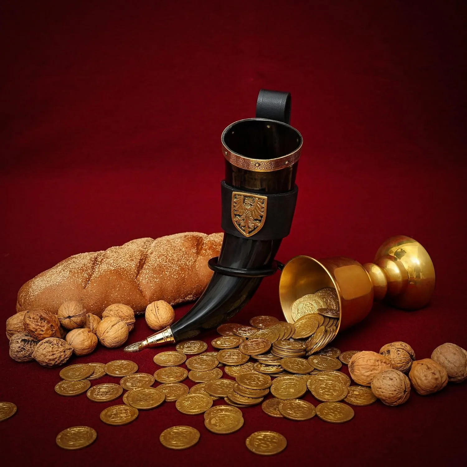 Mythrojan THE TOURNAMENT CHAMPION - Viking Drinking Horn with Black Leather holder Authentic Medieval Inspired Viking Wine/Mead Mug – Polished Finish