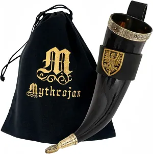 Mythrojan THE TOURNAMENT CHAMPION - Viking Drinking Horn with Black Leather holder Authentic Medieval Inspired Viking Wine/Mead Mug – Polished Finish