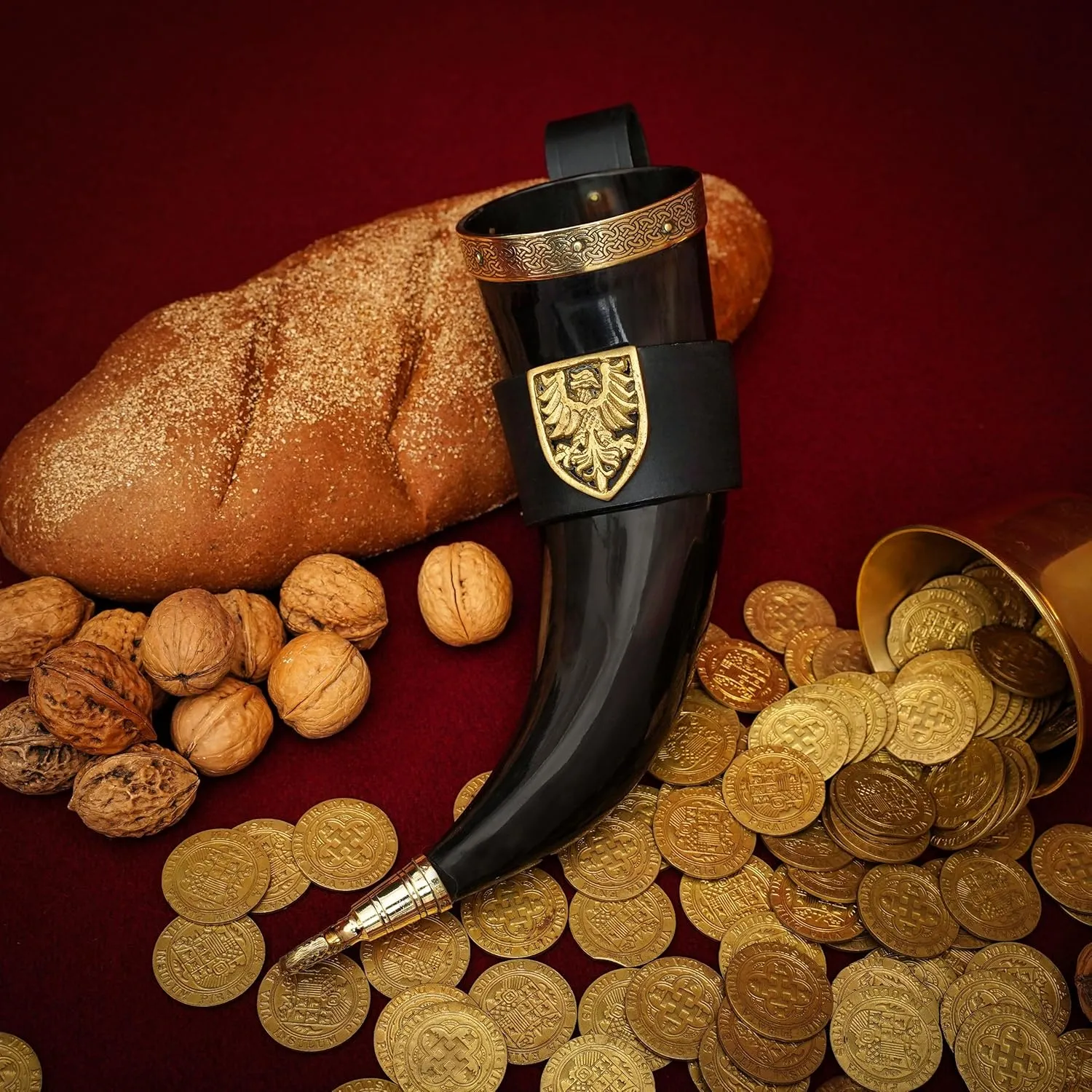 Mythrojan THE TOURNAMENT CHAMPION - Viking Drinking Horn with Black Leather holder Authentic Medieval Inspired Viking Wine/Mead Mug – Polished Finish