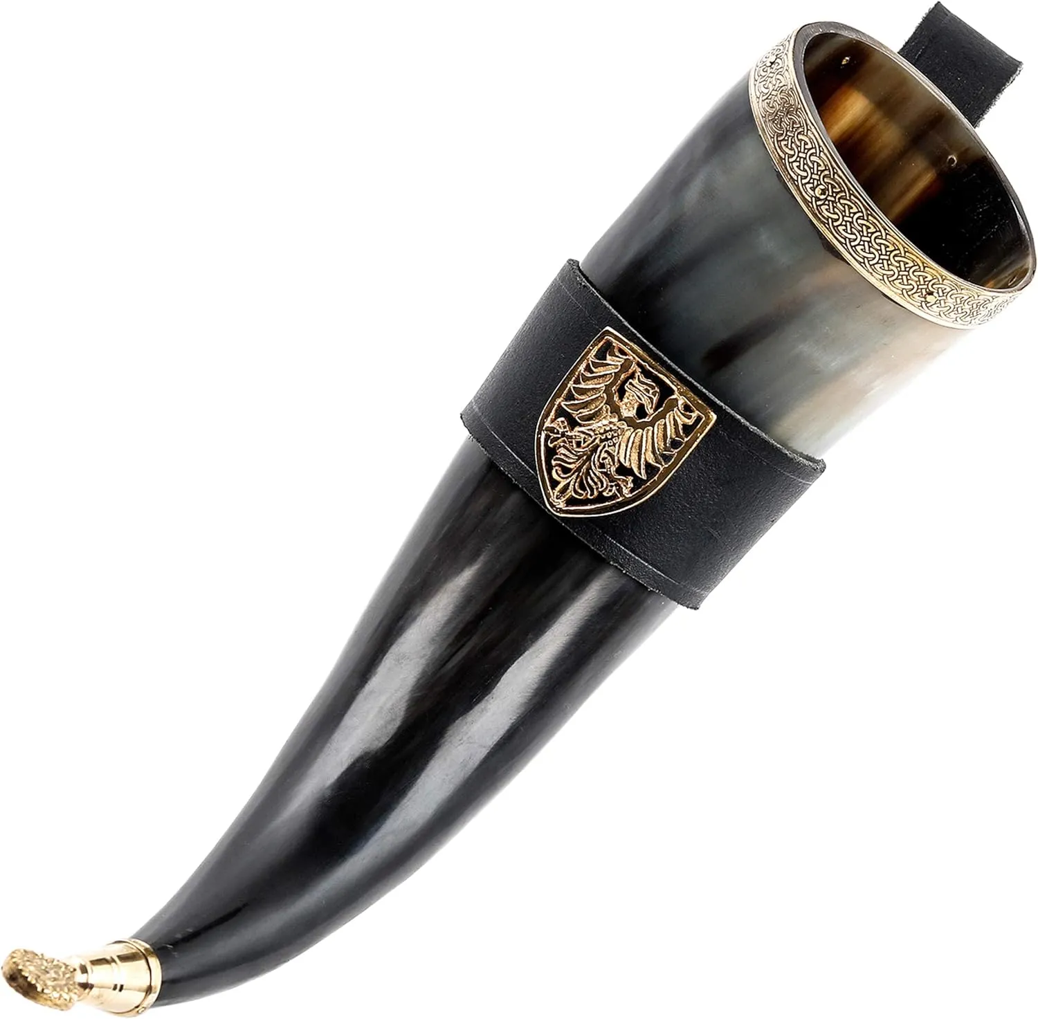 Mythrojan THE TOURNAMENT CHAMPION - Viking Drinking Horn with Black Leather holder Authentic Medieval Inspired Viking Wine/Mead Mug – Polished Finish