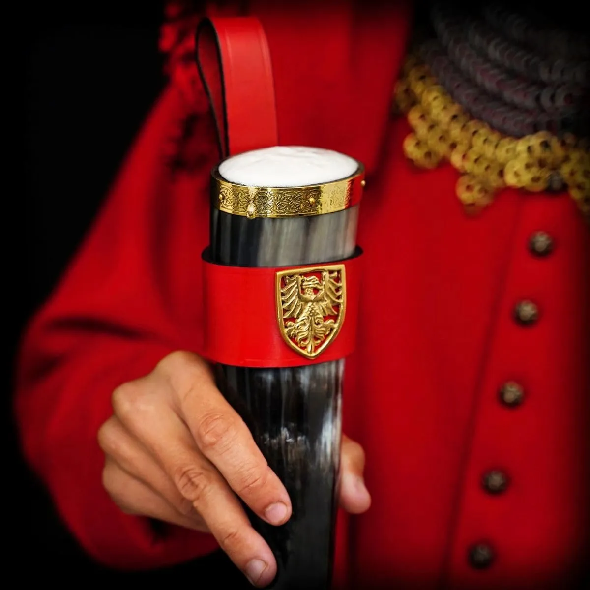 Mythrojan THE TOURNAMENT CHAMPION - Viking Drinking Horn with Red Leather holder Authentic Medieval Inspired Viking Wine/Mead Mug – Polished Finish