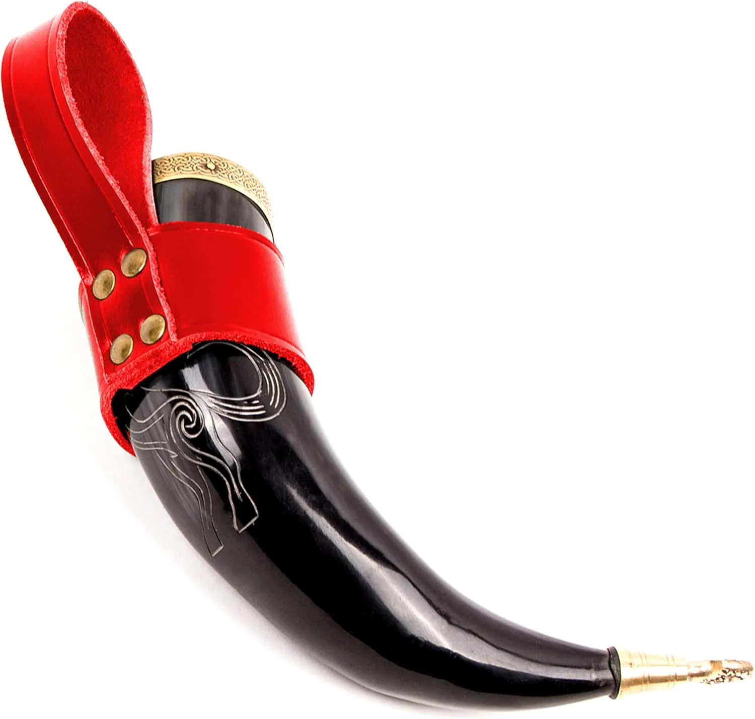 Mythrojan THE TOURNAMENT CHAMPION - Viking Drinking Horn with Red Leather holder Authentic Medieval Inspired Viking Wine/Mead Mug – Polished Finish