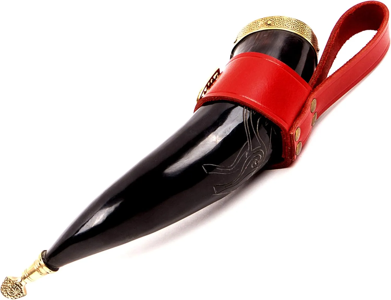 Mythrojan THE TOURNAMENT CHAMPION - Viking Drinking Horn with Red Leather holder Authentic Medieval Inspired Viking Wine/Mead Mug – Polished Finish