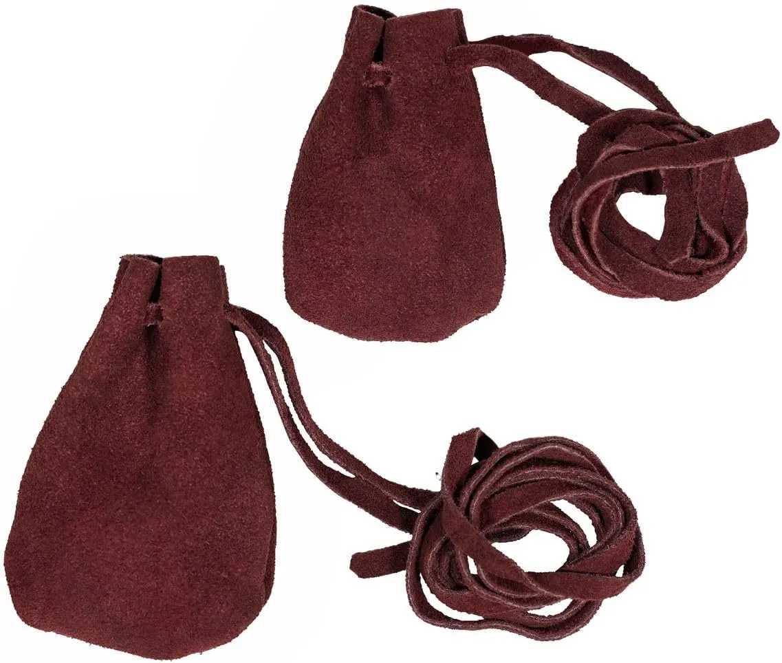 Mythrojan Trinket Bags, Coin Dice Medieval Purses, Drawstring Medicine Bag Suede Leather Pouches Viking Knight Waist Pouch for Historical Reenactments, LARP, SCA, Medieval Events - Set of 2, Wine Red