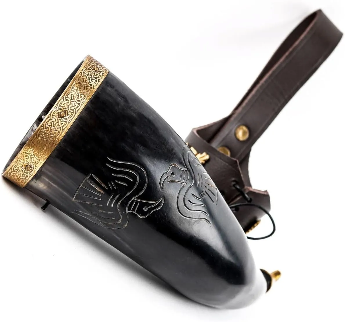 Mythrojan Viking Drinking Horn 100% Authentic Beer Horn Medieval Drinking Cup with Brown Leather Holster Unique Gift For Men Women Norse Viking Ale Mead Mug - 350 ML / 11.8 oz
