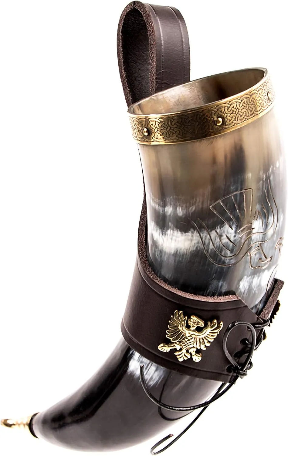 Mythrojan Viking Drinking Horn 100% Authentic Beer Horn Medieval Drinking Cup with Brown Leather Holster Unique Gift For Men Women Norse Viking Ale Mead Mug - 350 ML / 11.8 oz