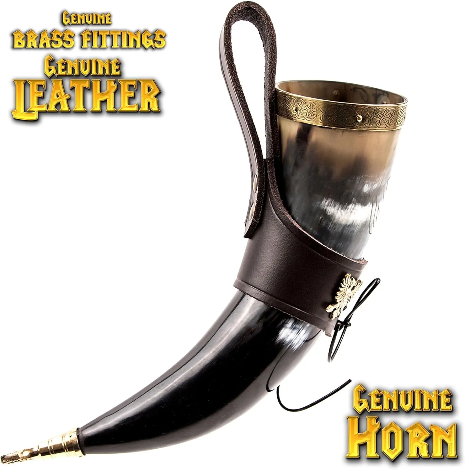 Mythrojan Viking Drinking Horn 100% Authentic Beer Horn Medieval Drinking Cup with Brown Leather Holster Unique Gift For Men Women Norse Viking Ale Mead Mug - 350 ML / 11.8 oz
