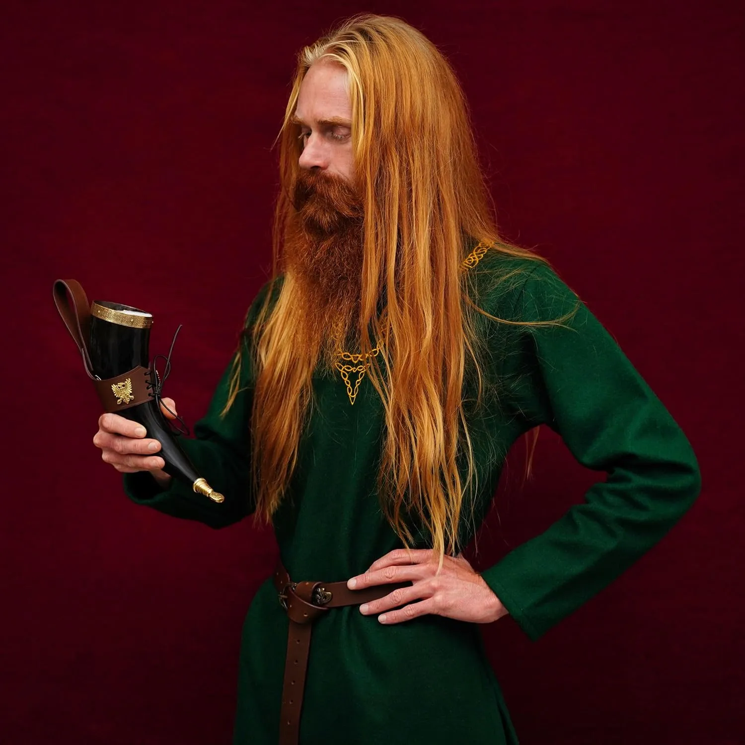Mythrojan Viking Drinking Horn 100% Authentic Beer Horn Medieval Drinking Cup with Brown Leather Holster Unique Gift For Men Women Norse Viking Ale Mead Mug - 350 ML / 11.8 oz