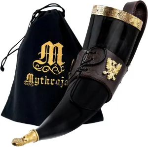 Mythrojan Viking Drinking Horn 100% Authentic Beer Horn Medieval Drinking Cup with Brown Leather Holster Unique Gift For Men Women Norse Viking Ale Mead Mug - 350 ML / 11.8 oz