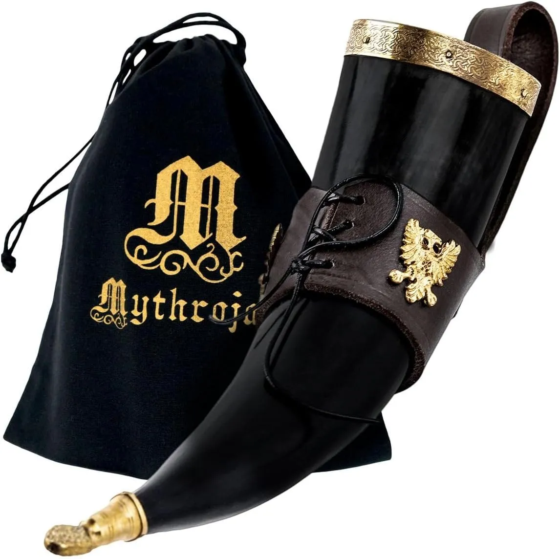 Mythrojan Viking Drinking Horn 100% Authentic Beer Horn Medieval Drinking Cup with Brown Leather Holster Unique Gift For Men Women Norse Viking Ale Mead Mug - 350 ML / 11.8 oz