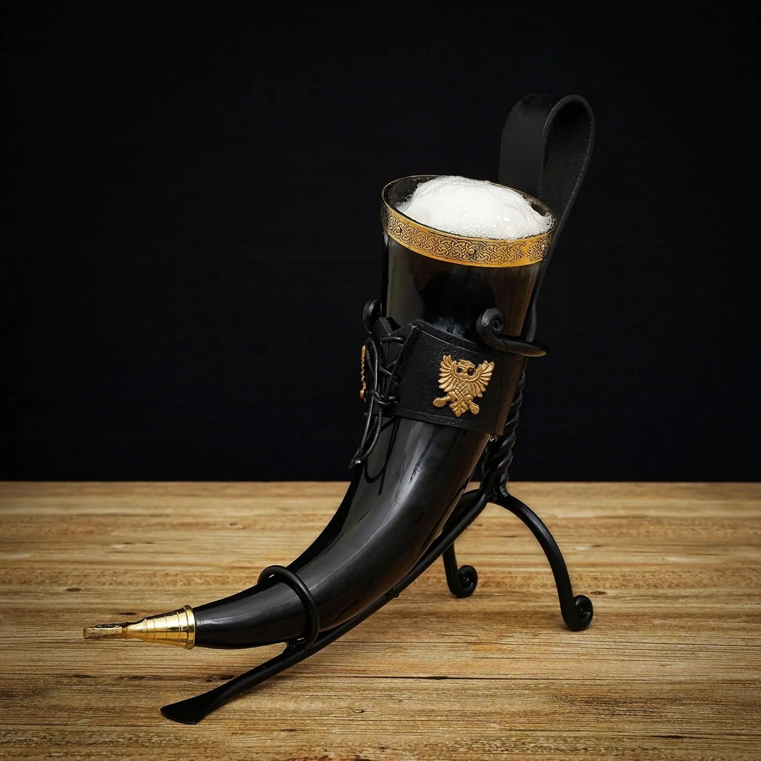 Mythrojan Viking Drinking Horn 100% Natural Authentic Brass Decoration Norse Horn with Black Leather Holster, Canvas Bag for Wine, Beer Mead Ale, Perfect for Cosplay, LARP, Events - 350 ml / 11.83 oz