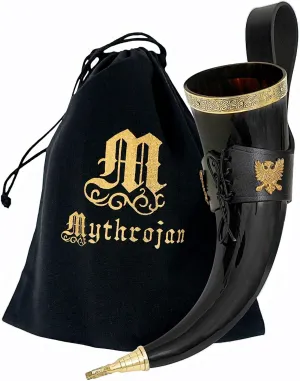 Mythrojan Viking Drinking Horn 100% Natural Authentic Brass Decoration Norse Horn with Black Leather Holster, Canvas Bag for Wine, Beer Mead Ale, Perfect for Cosplay, LARP, Events - 350 ml / 11.83 oz