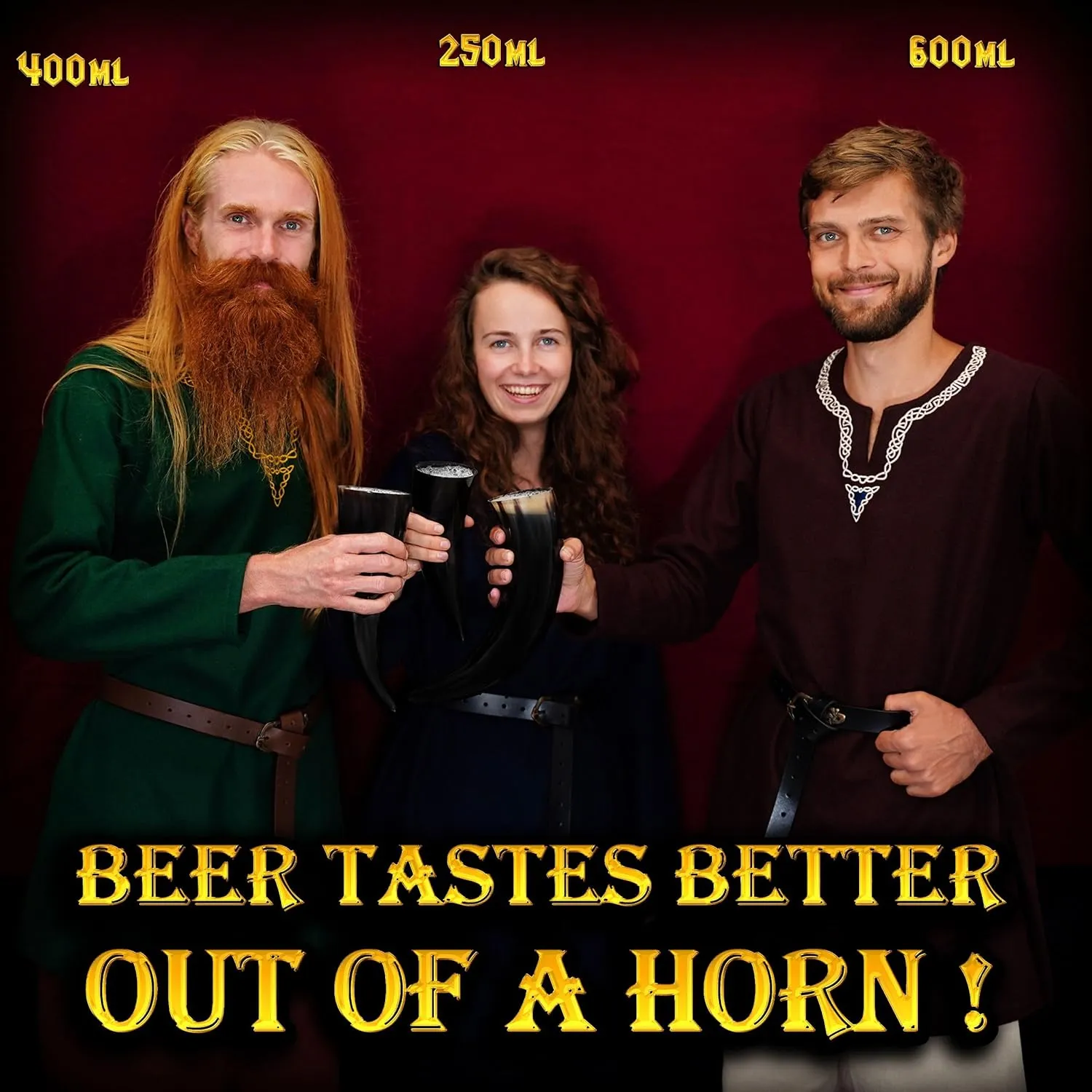 Mythrojan Viking Drinking Horn 100% Natural Authentic Brass Decoration Norse Horn with Black Leather Holster, Canvas Bag for Wine, Beer Mead Ale, Perfect for Cosplay, LARP, Events - 350 ml / 11.83 oz