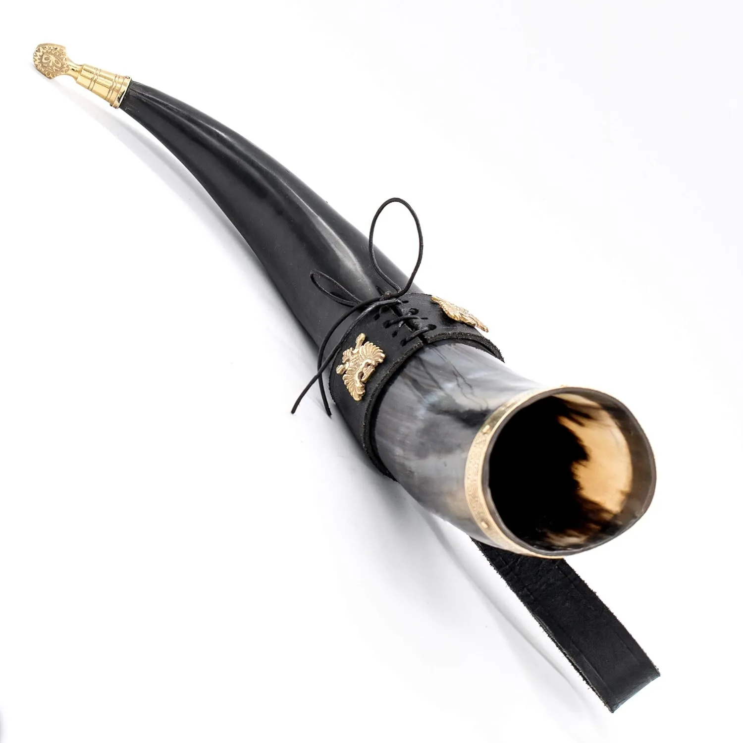 Mythrojan Viking Drinking Horn 100% Natural Authentic Brass Decoration Norse Horn with Black Leather Holster, Canvas Bag for Wine, Beer Mead Ale, Perfect for Cosplay, LARP, Events - 350 ml / 11.83 oz