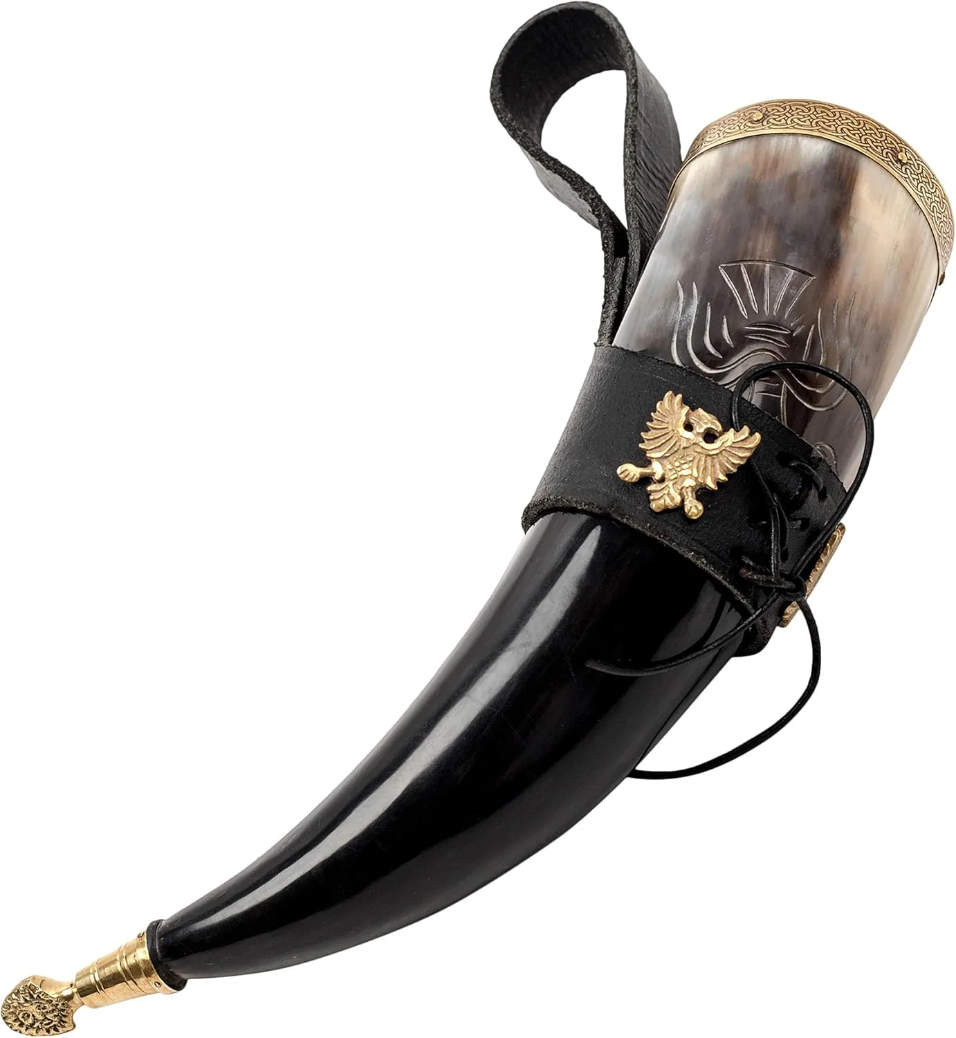 Mythrojan Viking Drinking Horn 100% Natural Authentic Brass Decoration Norse Horn with Black Leather Holster, Canvas Bag for Wine, Beer Mead Ale, Perfect for Cosplay, LARP, Events - 350 ml / 11.83 oz
