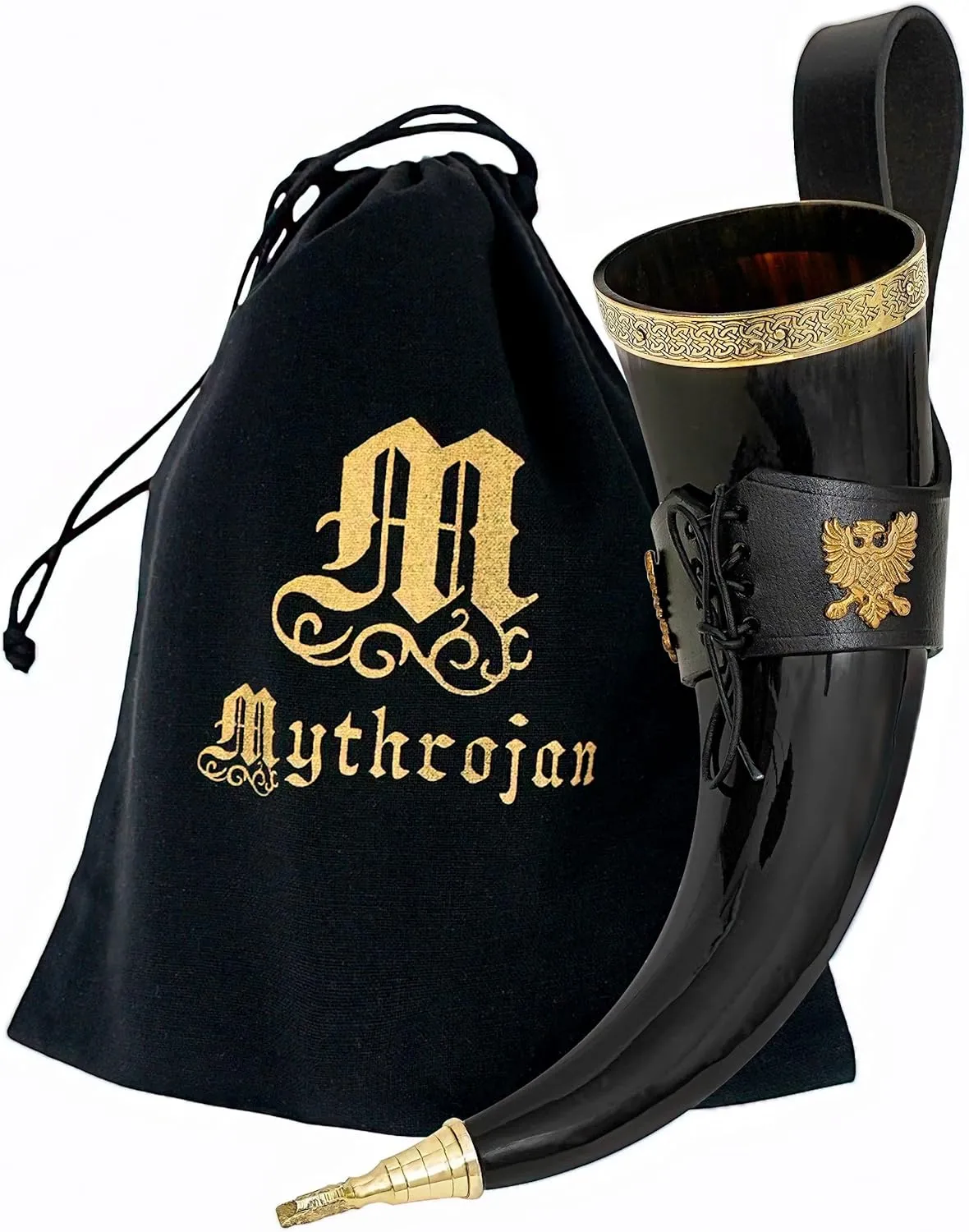 Mythrojan Viking Drinking Horn 100% Natural Authentic Brass Decoration Norse Horn with Black Leather Holster, Canvas Bag for Wine, Beer Mead Ale, Perfect for Cosplay, LARP, Events - 350 ml / 11.83 oz