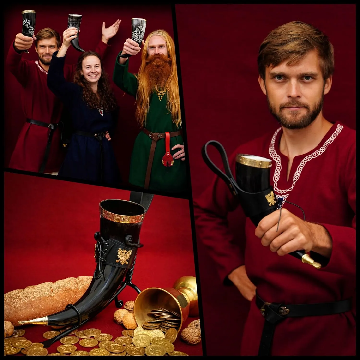 Mythrojan Viking Drinking Horn 100% Natural Authentic Brass Decoration Norse Horn with Black Leather Holster, Canvas Bag for Wine, Beer Mead Ale, Perfect for Cosplay, LARP, Events - 350 ml / 11.83 oz