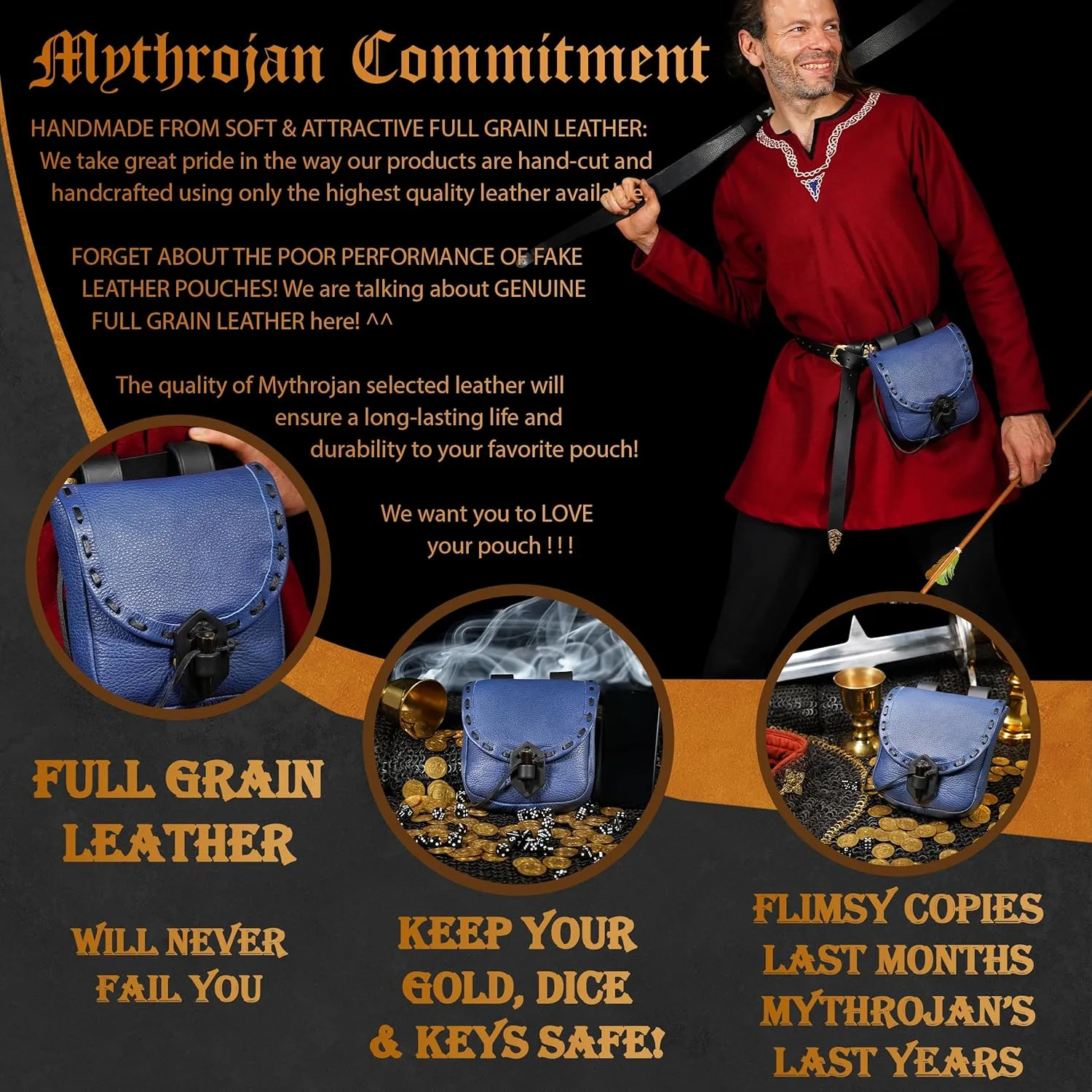 Mythrojan Viking Leather Belt Bag - Medieval & Renaissance Costume Accessories - LARP Waist Bag - Cosplay Coin Purse - Antique Vintage Coin Pouch