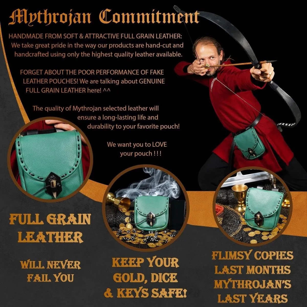Mythrojan Viking Leather Belt Bag - Medieval & Renaissance Costume Accessories - LARP Waist Bag - Cosplay Coin Purse - Antique Vintage Coin Pouch