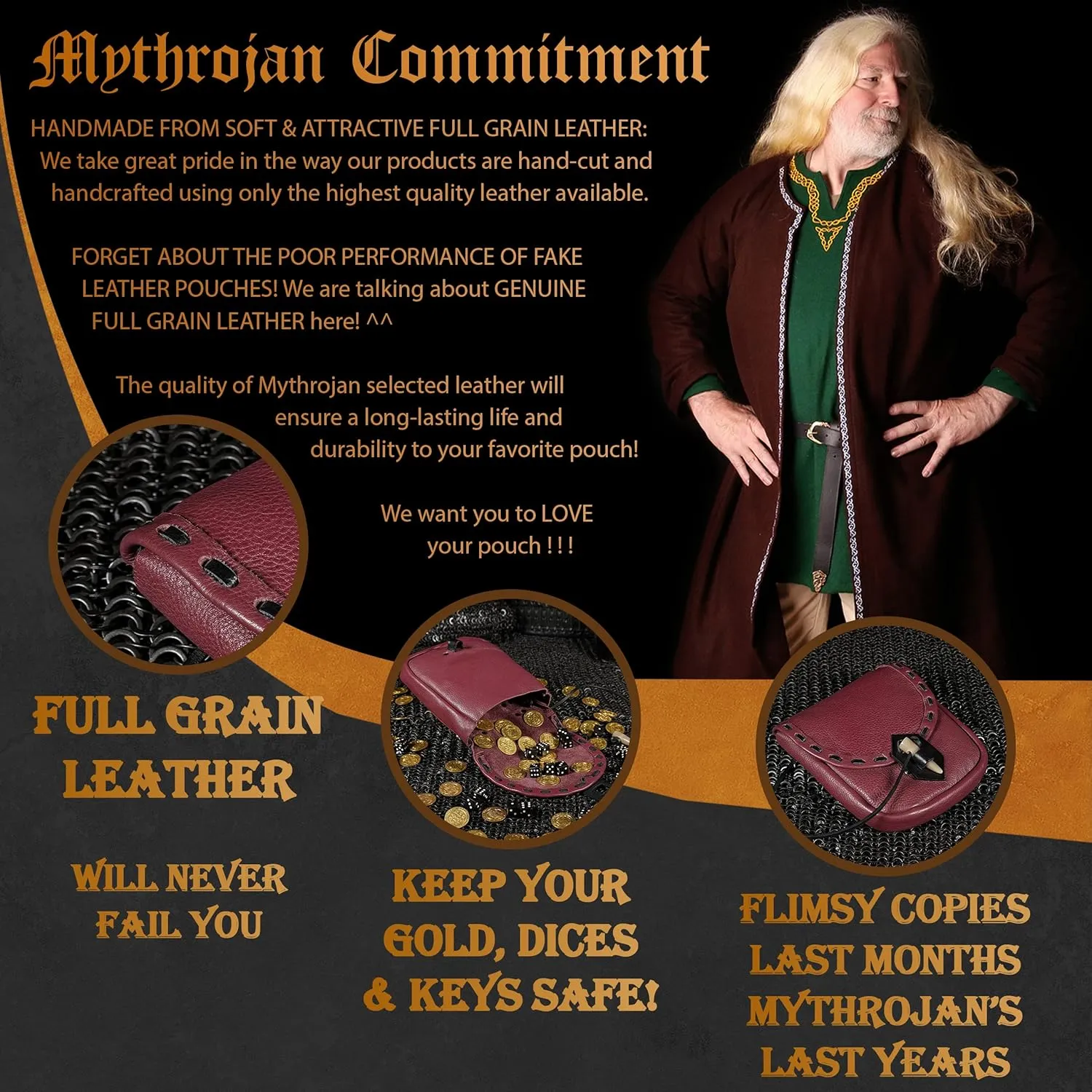 Mythrojan Viking Leather Belt Bag - Medieval & Renaissance Costume Accessories - LARP Waist Bag - Cosplay Coin Purse - Antique Vintage Coin Pouch
