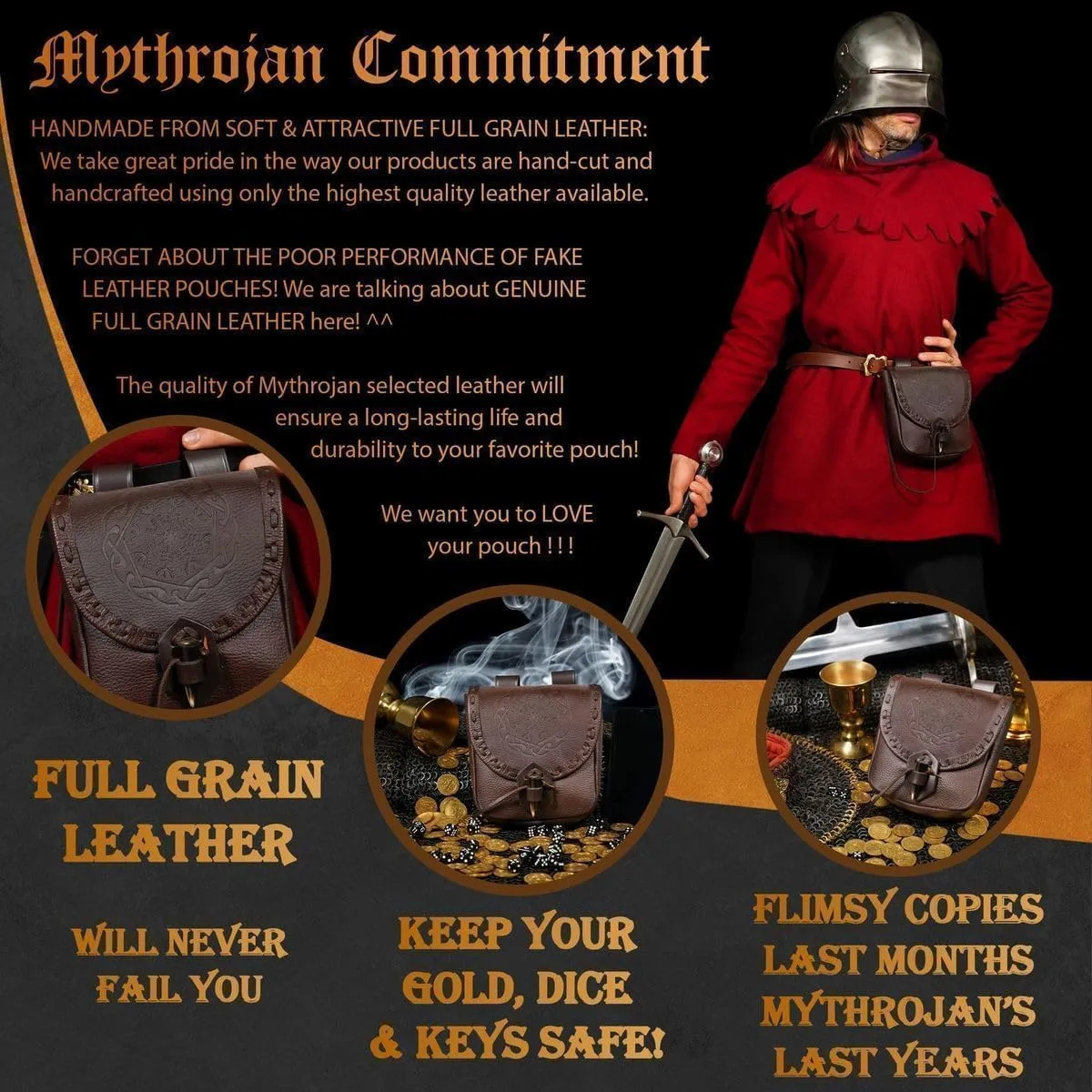 Mythrojan Viking Leather Belt Bag - Medieval & Renaissance Costume Accessories - LARP Waist Bag - Cosplay Coin Purse - Antique Vintage Coin Pouch