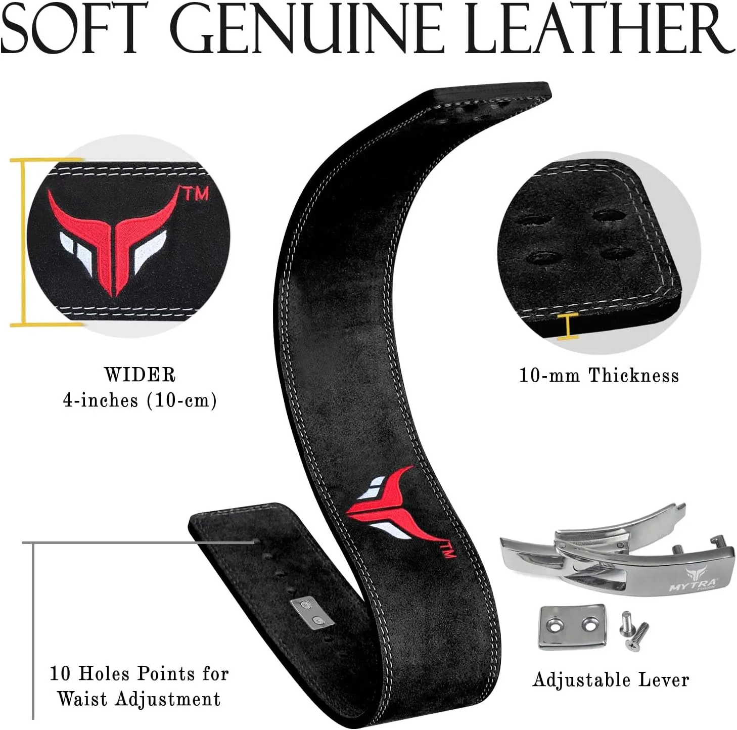 Mytra Fusion Weight Lifting Belt for Men and Women Gym Belt 10MM Thick and 4" wide 100% Genuine Leather Workout Belt for Weightlifting, Powerlifting, Gym, Training and Bodybuilding