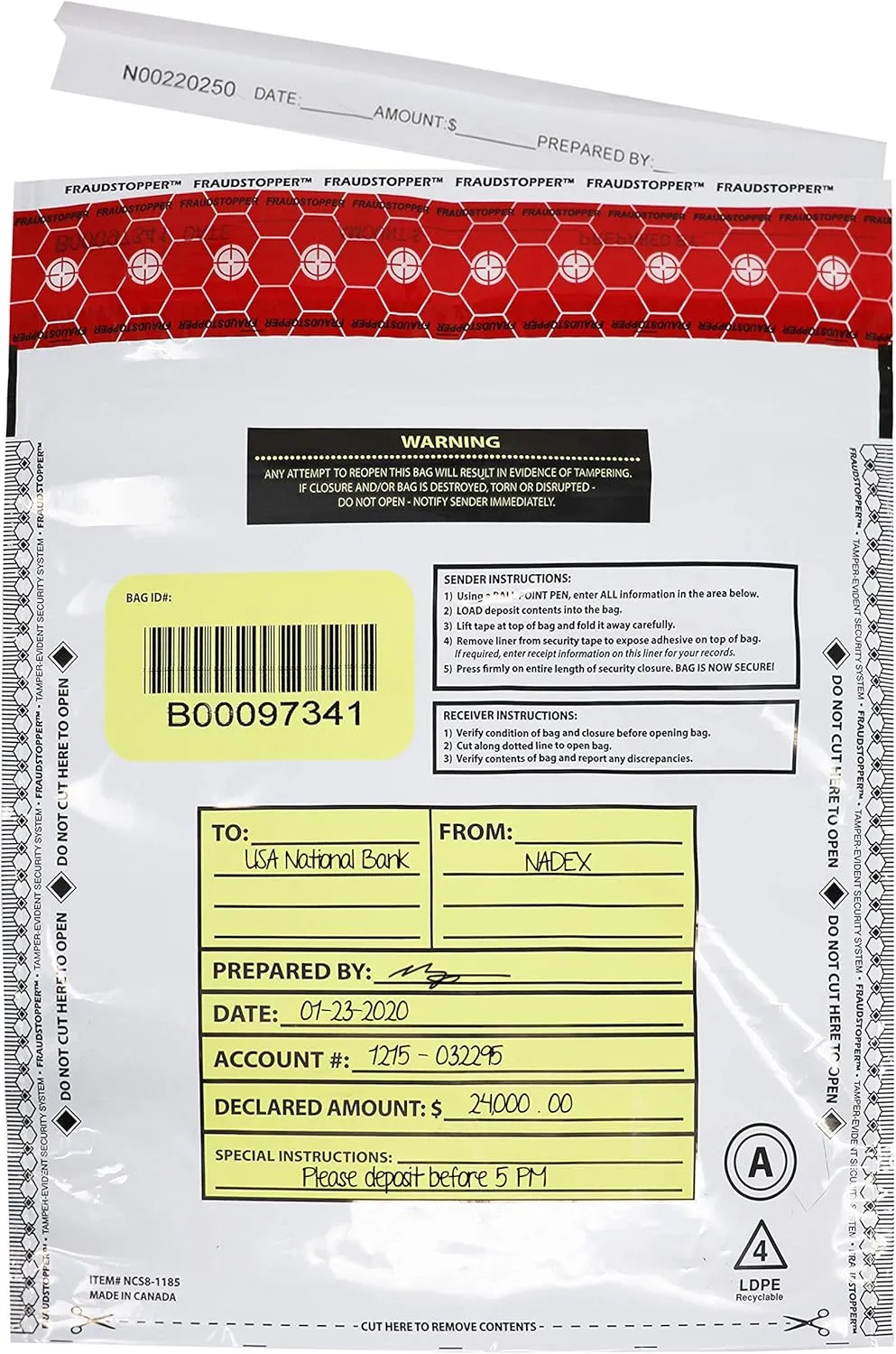Nadex White Night Drop Tamper Evident Cash and Coin Bank Deposit Bags - 9 x 12, Opaque, 100 Pack