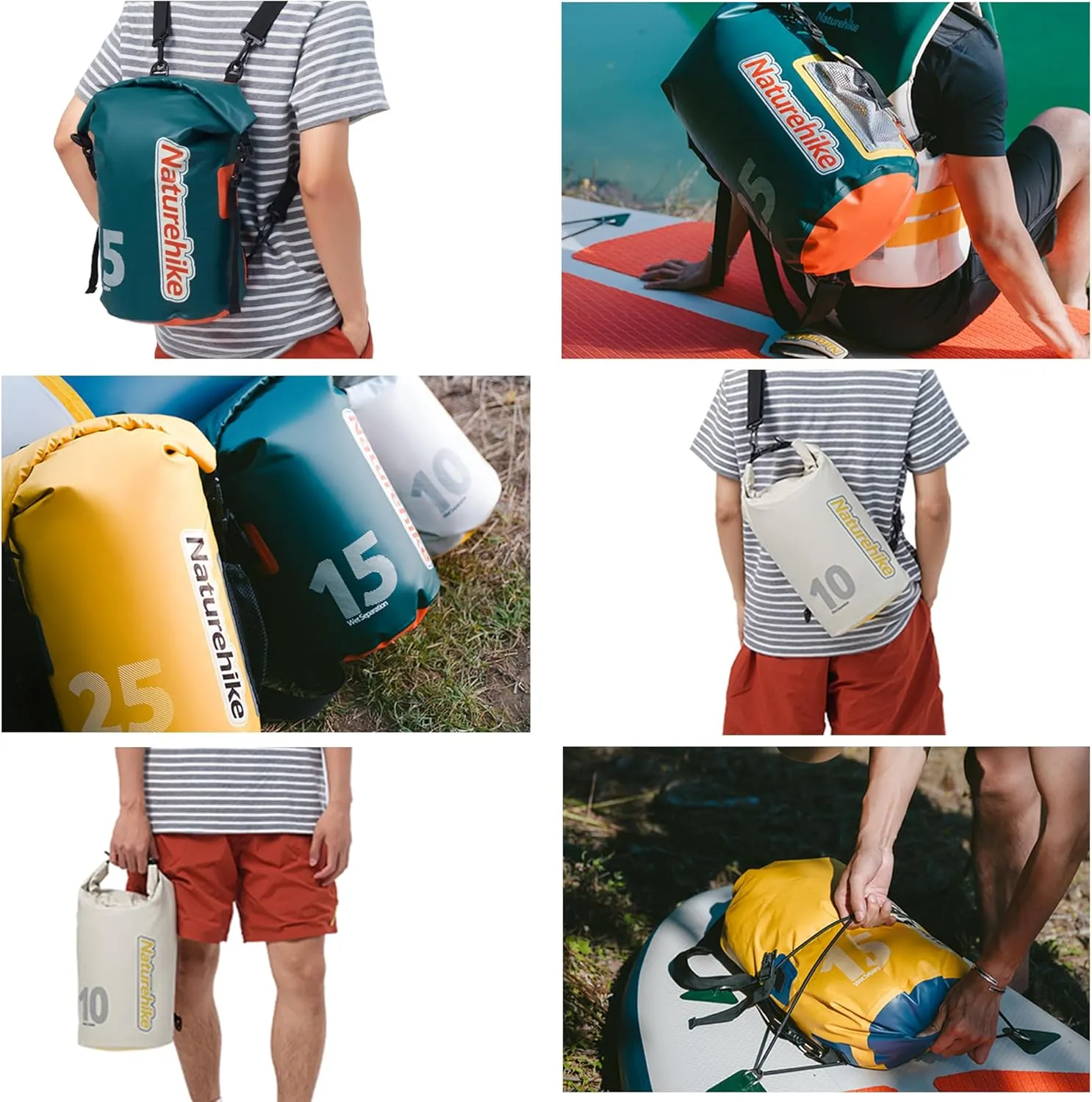 Naturehike PVC Floating Waterproof Dry Backpack, 10L/15L Waterproof Pouch with Wider Shoulder Straps, Roll Top Waterproof Backpack Sack for Travel, Swimming, Boating, Kayaking, Camping (Yellow, 15L)
