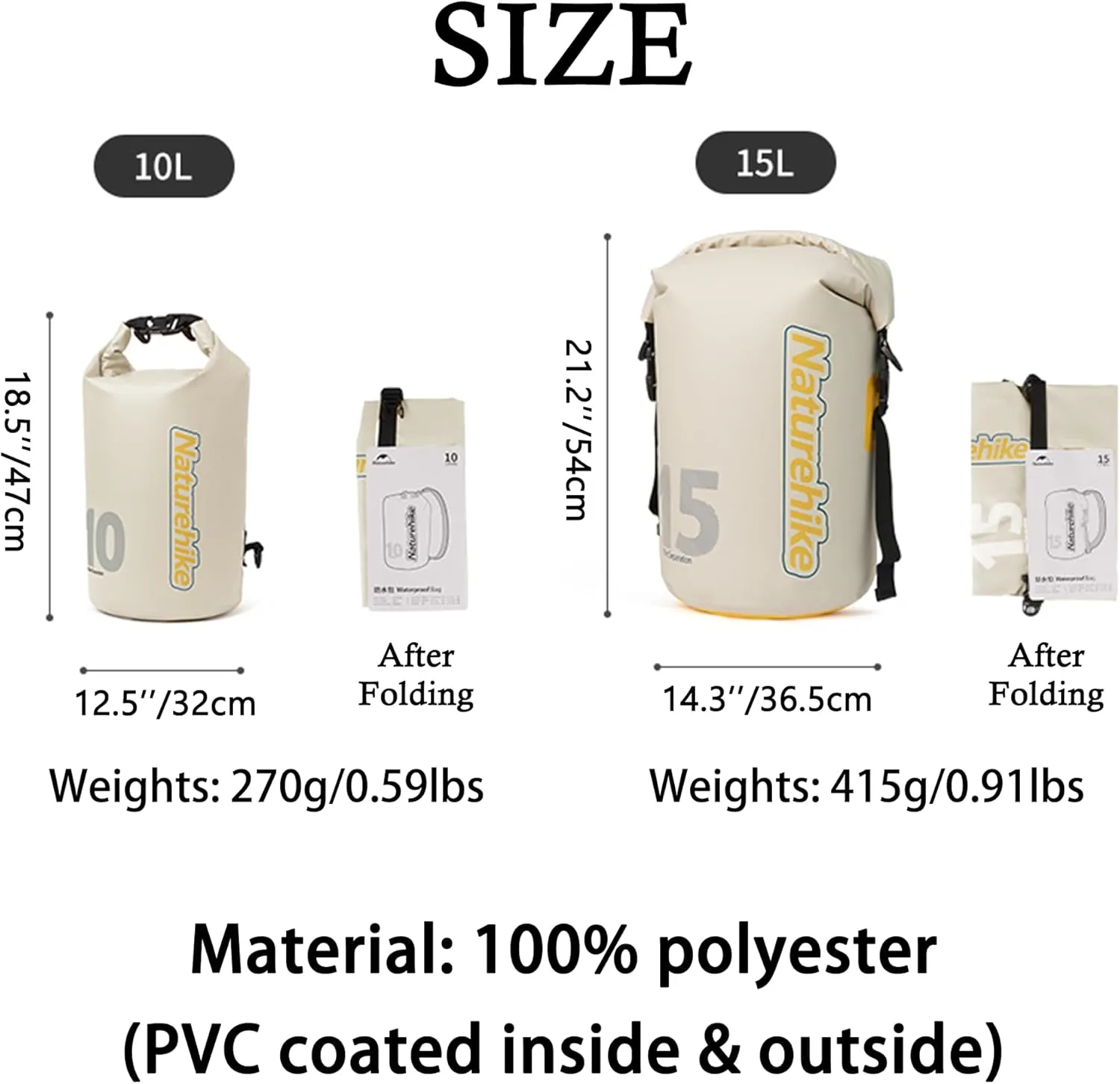 Naturehike PVC Floating Waterproof Dry Backpack, 10L/15L Waterproof Pouch with Wider Shoulder Straps, Roll Top Waterproof Backpack Sack for Travel, Swimming, Boating, Kayaking, Camping (Yellow, 15L)