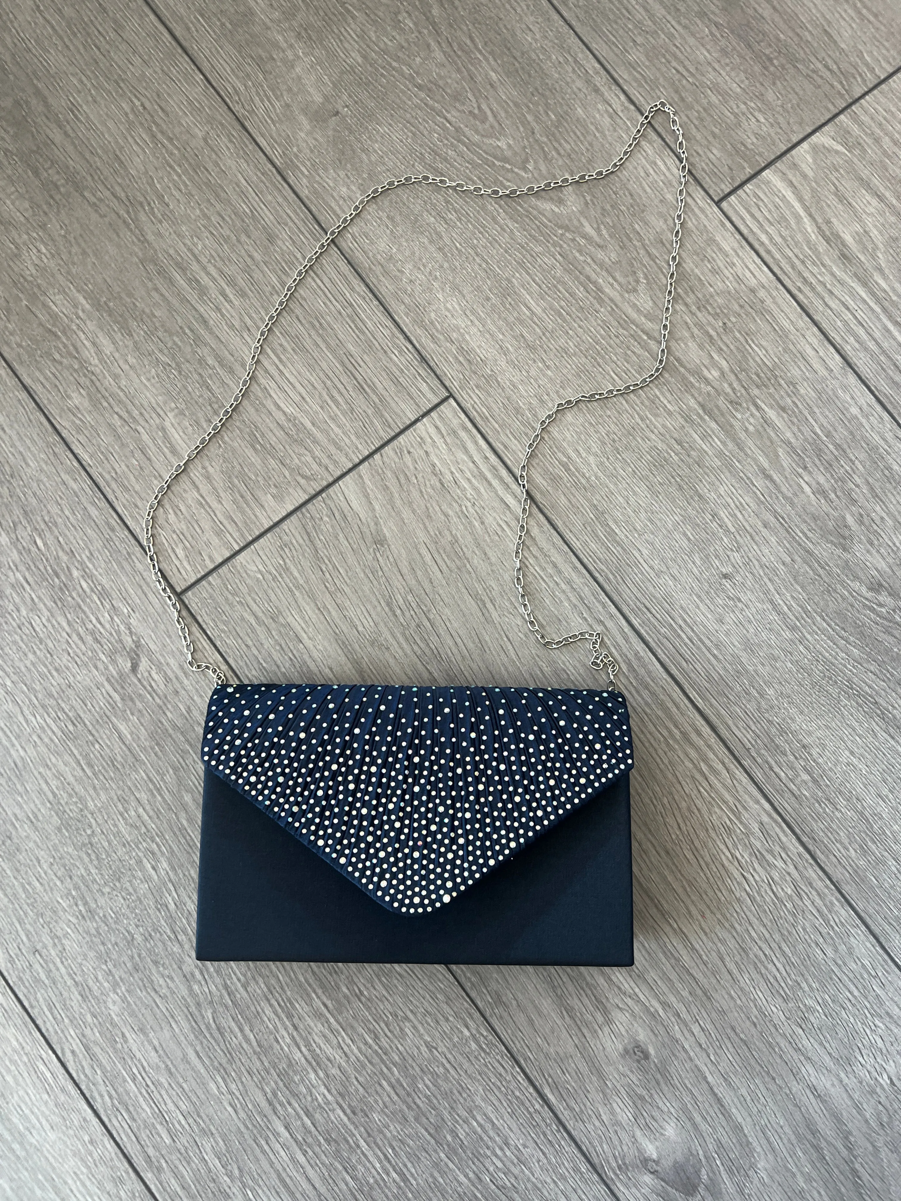 NAVY ENVELOPE CLUTCH BAG WITH RHINESTONES