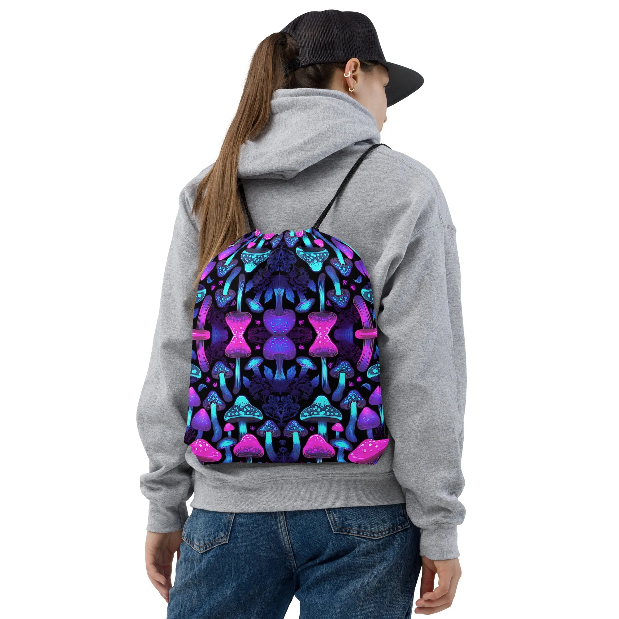 Neon Purple Mushroom Drawstring bag
