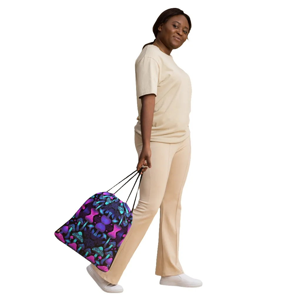 Neon Purple Mushroom Drawstring bag